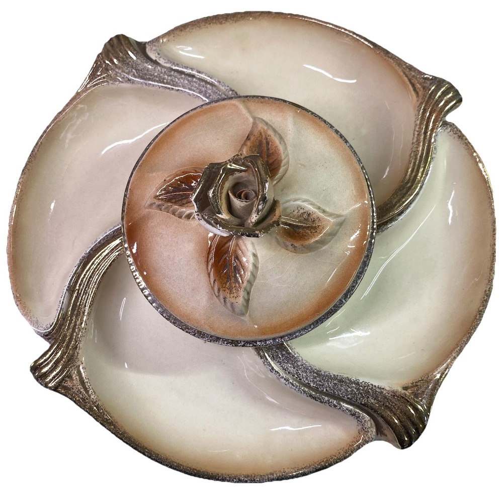 Vintage California Pottery 4 Piece Chip Dip Lazy Susan Gold Rose‎ 13" Wide